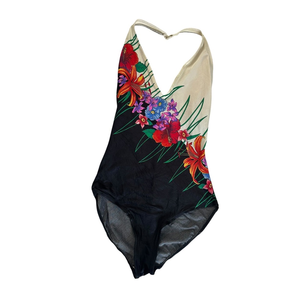 Vintage Floral Halter One Piece Swimsuit Black Cream Tropical 38T 80s USA Med